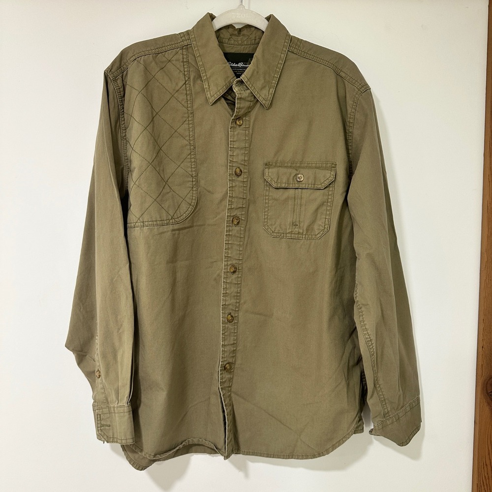 Eddie Bauer Men Shooting Shirt Medium Olive Green Cotton Ripstop Quilted Vented